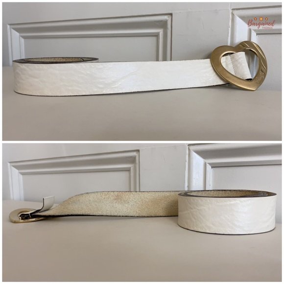 Authentic Gucci Cream Leather Gold Heart Shaped Engraved Script Logo Belt 90/36 - Picture 10 of 13